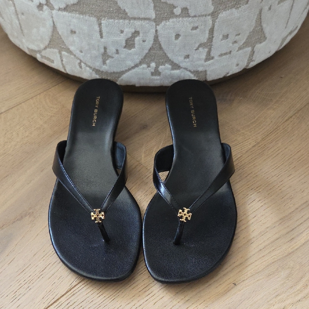Tory Burch Black Sandals with Gold Logo